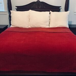 POTTERY BARN Vintage Pick Stitch Quilt KING Cranberry Reversible Silk Velvet EUC